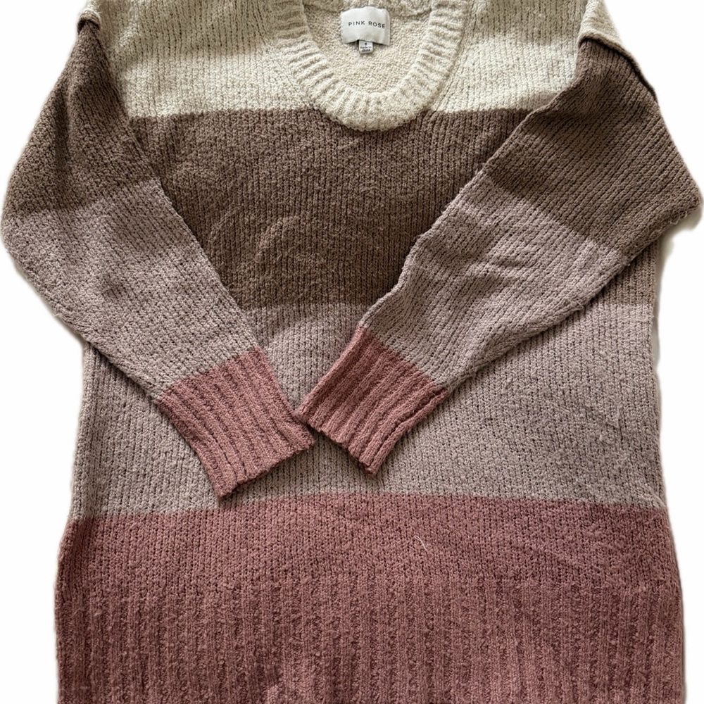 Pink Rose Women's V-Neck Sweater - Cream, Brown, Pink